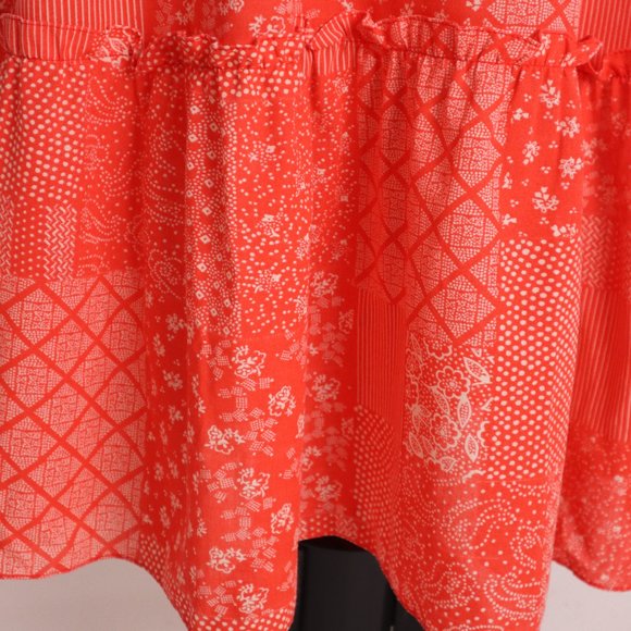❄ Vtg Red Prairie Boho Calico Cottage Core Floral Lace Dress Hippie Peasant XS - Picture 7 of 10